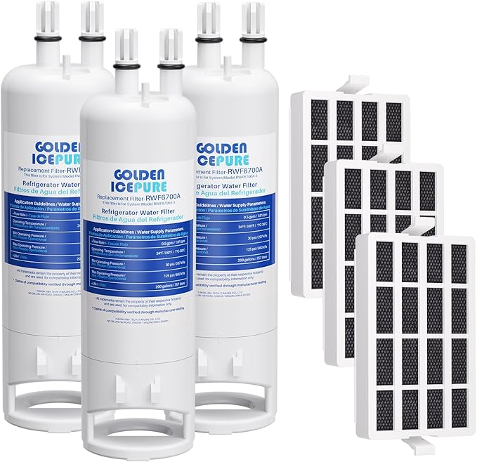 GOLDEN ICEPURE RWF6700A Refrigerator Water Filter Replacement for Everydrop® Filter 1, W10295370A with Air Filter Replacement for W10311524, FreshFlow AIR 1, 3 PACK
