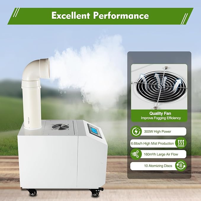 Ultrasonic Industrial Agricultural Humidifer Commercial Humidifier for Plants Large Volume (3kg/H) Automatic Ultrasonic Mist Maker 160M³/H Airflow for Warehouse Greenhouse Garden