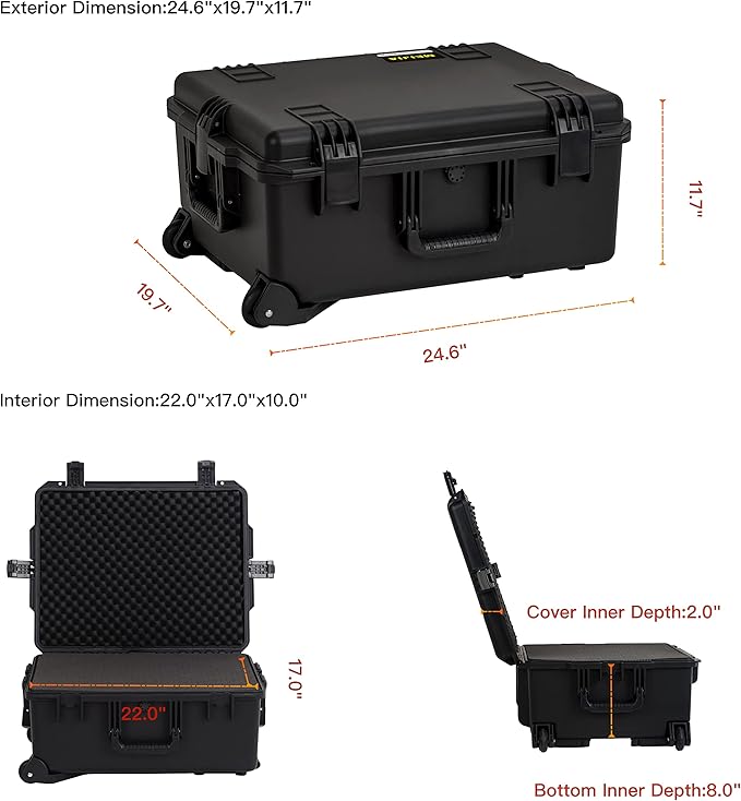 MEIJIA Portable All Weather Premium Rolling Wheels Waterproof Hard Compact Camera Case with Customizable Fit Foam,Pull Handle, 24.6"X19.7"X11.7",Black