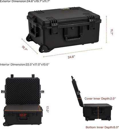 MEIJIA Portable All Weather Premium Rolling Wheels Waterproof Hard Compact Camera Case with Customizable Fit Foam,Pull Handle, 24.6"X19.7"X11.7",Black