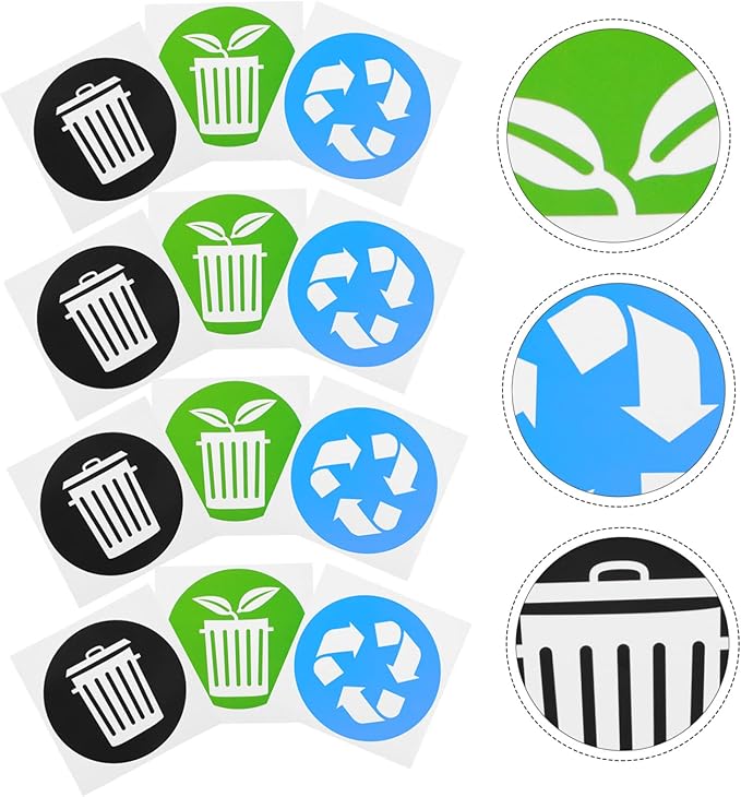 Artibetter 12PCS Self-Adhesive Trash Recycling Stickers for Indoor and Outdoor Use Garbage Sorting Labels Symbols for Easy Identification