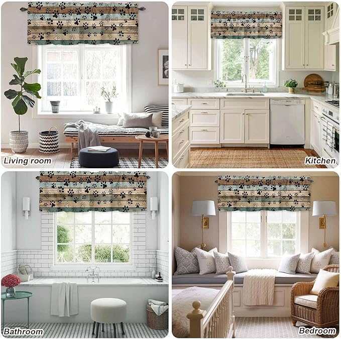 Dog Paws Valance Curtains for Kitchen, Teal Brown Wood Grain Privacy Rod Pocket Valance Curtain, Light-Filtering Window Treatment for Bedroom Bathroom, 42"x18"