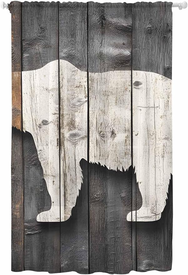 Sheer Curtains 96 Inches Long, Vintage White Brown Bear Semi Sheer Curtains Light Filtering Window Treatment, Retro Country Rustic Wood Grain Privacy Voile Drapes for Living Room Bedroom 52x96 Inch