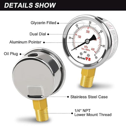 0-60 Psi Glycerin-Filled Pressure Gauge, 2-Inch Gauge, Stainless Steel, 1/4" NPT Lower Mount,400kPa Pressure Gauge for Pool Pump, Sand Filter, Air Compressor, and Well Water Systems