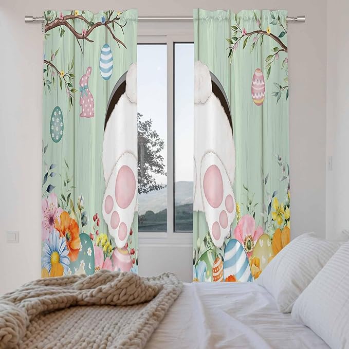 Easter Window Curtains 72 Inch Long 2 Panel Set, Rod Pocket Long Curtains & Drapes, Spring Watercolor Bunny Eggs Wooden Grain Green Light Filtering Window Treatment for Bedroom Living Room 52"W x 72"L