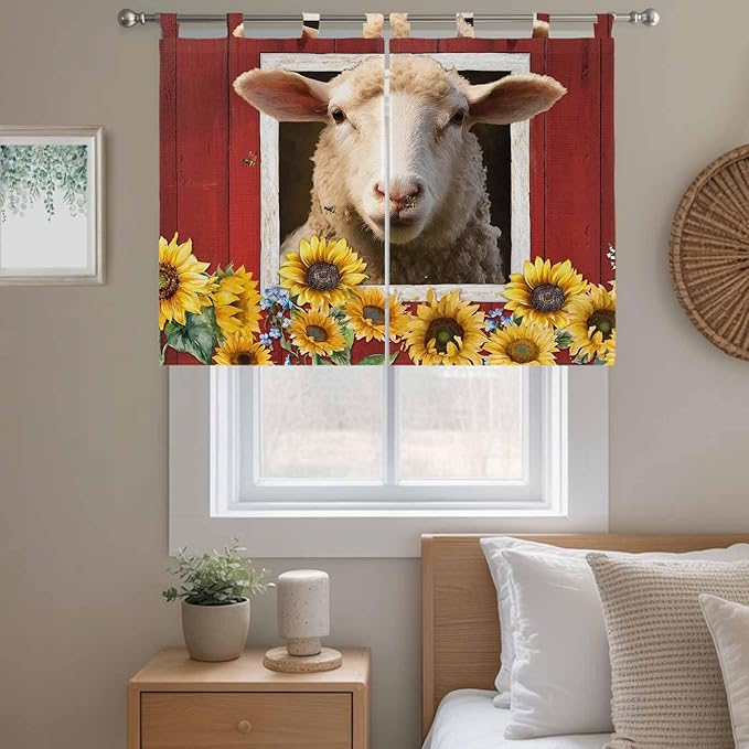 Sheep Sunflower Bedroom Curtains 63 Inch Length, Window Curtains Tab Top, Country Red Farm Barn Spring Flowers Light Filtering Window Treatments Drapes 42"x63" 2 Panel