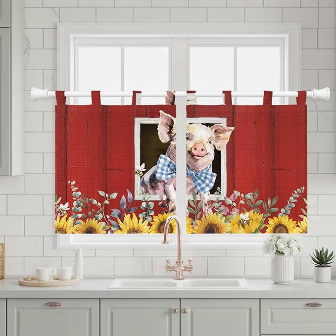 Pig Sunflowers Kitchen Curtains 24 Inch Length, Small Window Curtains Tab Top, Eucalyptus Leaves Floral Bees Red Barn Light Filtering Short Window Treatments Tier Drapes 27.5"x24" 2 Panel