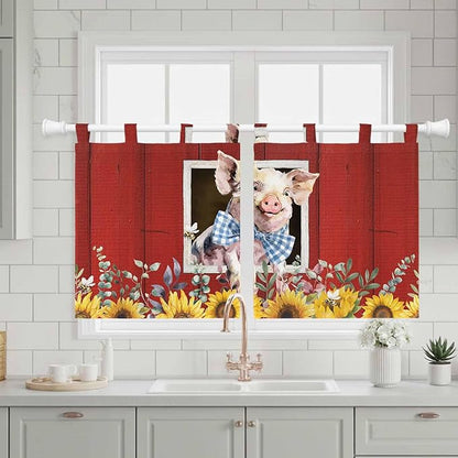Pig Sunflowers Kitchen Curtains 24 Inch Length, Small Window Curtains Tab Top, Eucalyptus Leaves Floral Bees Red Barn Light Filtering Short Window Treatments Tier Drapes 27.5"x24" 2 Panel