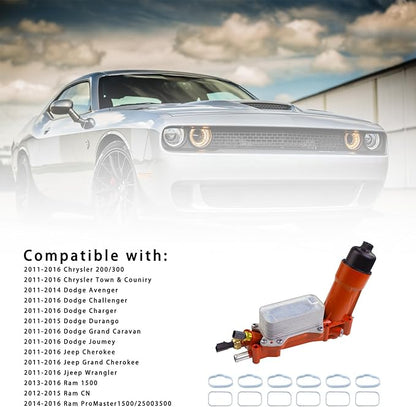 926-959 Aluminum Engine Oil Filter Housing Oil Cooler Kit with Gaskets & Sensors Compatible with 2011-2016 Chrysler Charger Challenger Journey Wrangler Ram Promaster 3.6L (Red)