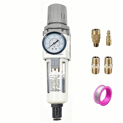 XingNEeng 3/8" NPT Compressed Air Filter Regulator Combo Piggyback, Water/Oil Trap Separator with Pressure Gauge(0-150 psi), Auto Drain, Poly Bowl, 5 Micron Brass Element, Metal Bracket