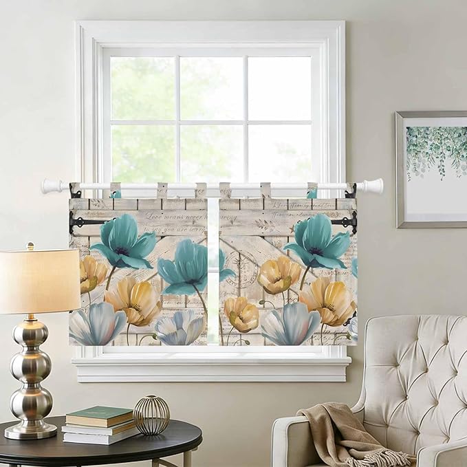 Watercolor Flowers Kitchen Curtains 24 Inch Length, Small Window Curtains Tab Top, Vintage Tulips Floral Barn Doors Wood Grain Light Filtering Short Window Treatments Tier Drapes 27.5"x24" 2 Panel