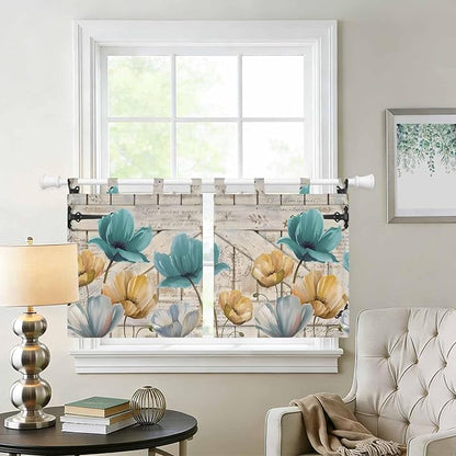Watercolor Flowers Kitchen Curtains 24 Inch Length, Small Window Curtains Tab Top, Vintage Tulips Floral Barn Doors Wood Grain Light Filtering Short Window Treatments Tier Drapes 27.5"x24" 2 Panel