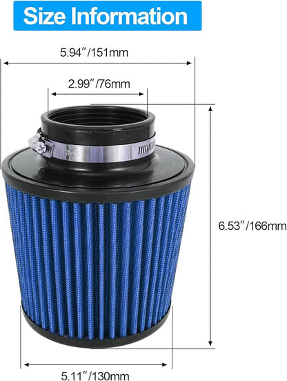 Cold Air Intake Filter High Performance Washable Filter Clamp-On Replacement Air Filter Flange Diameter 3inch/76mm Blue