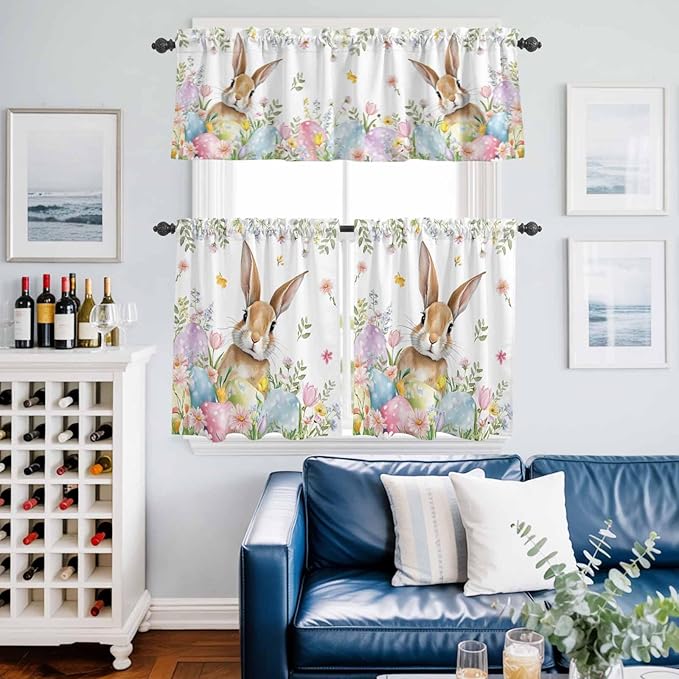 Kitchen Curtains Tiers and Valance Set of 3, Easter Light Filtering Window Curtain Set, Spring Rabbit Colorful Eggs Budding Florals Leaf Rod Pocket Curtain Drapes for Living Room, 24 Inches Tiers