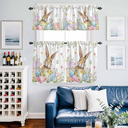 Kitchen Curtains Tiers and Valance Set of 3, Easter Light Filtering Window Curtain Set, Spring Rabbit Colorful Eggs Budding Florals Leaf Rod Pocket Curtain Drapes for Living Room, 24 Inches Tiers