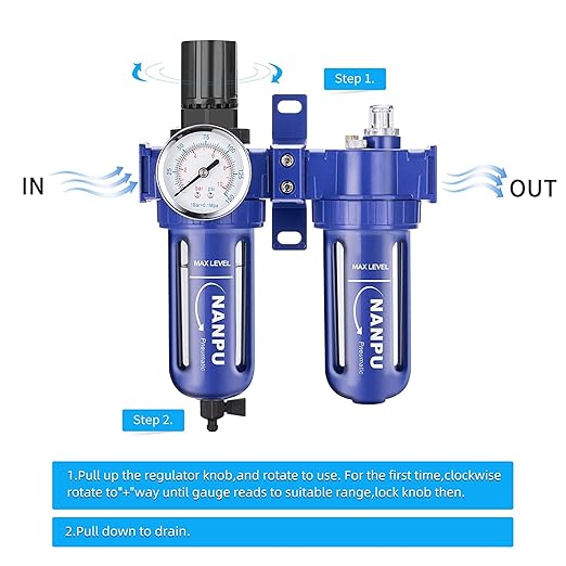 NANPU 1/2" NPT Compressed Air Filter Regulator Lubricator (FRL), Zinc Alloy, 5 Micron Brass Element, 0-150 psi Gauge, Quick Release Bowl, Manual Drain, Metal Bracket
