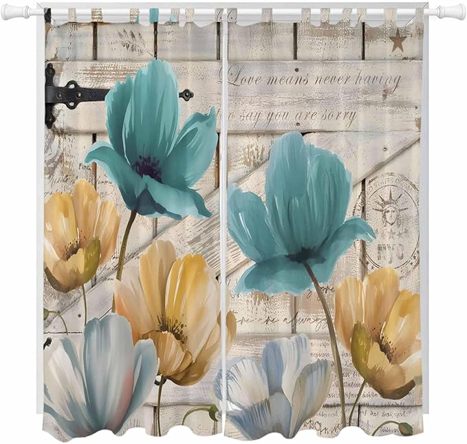 Watercolor Flowers Living Room Curtains 96 Inch Length, Window Curtains Tab Top, Vintage Tulips Floral Barn Doors Wood Grain Light Filtering Window Treatments Drapes 52"x96" 2 Panel