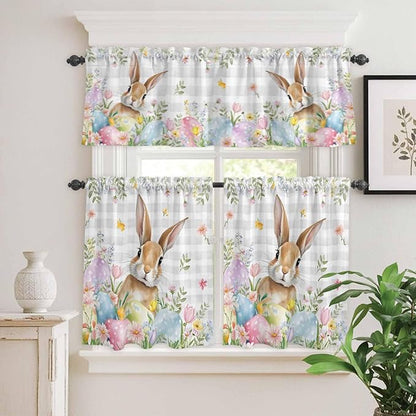 Kitchen Curtains Tiers and Valance Set of 3, Easter Light Filtering Window Curtain Set, Spring Rabbit Eggs Blooms Flowers Leaf Grey Plaid Rod Pocket Curtain Drapes for Living Room, 24 Inches Tiers