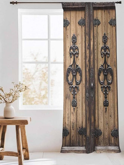 Sheer Curtains 108 Inches Long, Barn Door Semi Sheer Curtains Light Filtering Window Treatment, Farmhouse Wooden Grain Rustic Tribal Pattern Privacy Voile Drapes for Living Room Bedroom 52x108 Inch