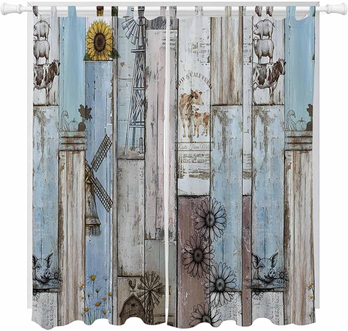 Blue Grey Wooden Living Room Curtains 84 Inch Length, Window Curtains Tab Top, Farmhouse Barn Sunflowers Retro Light Filtering Window Treatments Drapes 52"x84" 2 Panel