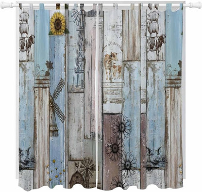 Blue Grey Wooden Living Room Curtains 84 Inch Length, Window Curtains Tab Top, Farmhouse Barn Sunflowers Retro Light Filtering Window Treatments Drapes 52"x84" 2 Panel