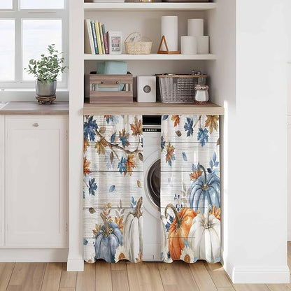 Thanksgiving Pumpkin Kitchen Curtains 45 Inch Long 2 Panel Set, Rod Pocket Window Treatment, Fall Maple Leaf Daisy Wooden Grain Light Filtering Short Curtains & Drapes for Bathroom Laundry 52"W x 45"L