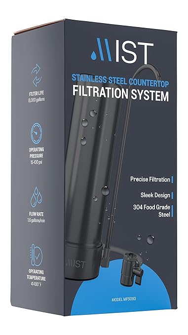 Mist Countertop Water Filter, 5-Stage Water Filtration System Countertop Technology, 8000 Gallon Capacity, Stainless Steel, Reduces Heavy Metals, Chlorine, Bad Taste & Odor (1 Filter Included)