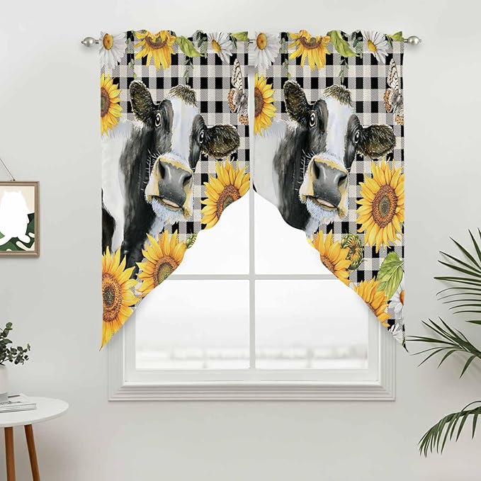 Retro Sunflowers Swag Valances for Windows, Farmhouse Floral Cow Butterfly Black Plaid Rod Pocket Kitchen Curtains Valance, Kitchen Window Curtains Swag for Cafe Living Room, 2 Panels, 36x63 inch