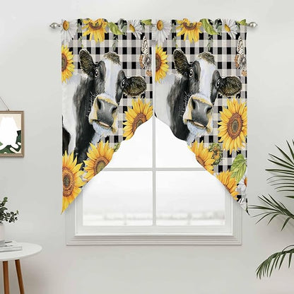 Retro Sunflowers Swag Valances for Windows, Farmhouse Floral Cow Butterfly Black Plaid Rod Pocket Kitchen Curtains Valance, Kitchen Window Curtains Swag for Cafe Living Room, 2 Panels, 36x45 inch