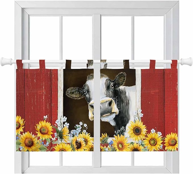 Cows Sunflowers Kitchen Curtains 24 Inch Length, Small Window Curtains Tab Top, Rustic Farms Barns Flowers Bees Animals Light Filtering Short Window Treatments Tier Drapes 27.5"x24" 2 Panel