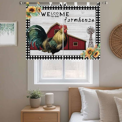 Farmhouse Rooster Bedroom Curtains 63 Inch Length, Window Curtains Tab Top, Rustic Red Barn Windmill Sunflowers Light Filtering Window Treatments Drapes 42"x63" 2 Panel