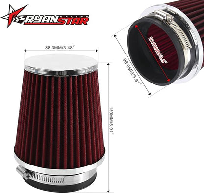 RYANSTAR RACING 89mm 3.5" High Flow Round Tapered Cone Closed-Top Washable Clamp-On Dry Air Filter Narrow