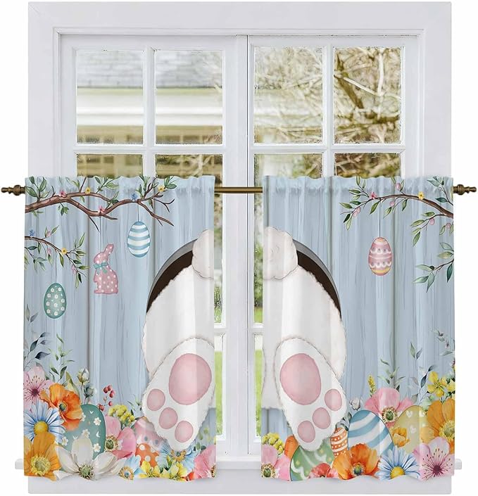 Easter Kitchen Curtains 54 Inch Long 2 Panel Set,Rod Pocket Window Curtains Panels,Spring Watercolor Bunny Eggs Flower Wood Grain Blue Light Filtering Privacy Draperies for Bedroom Laundry 42"W x 54"L