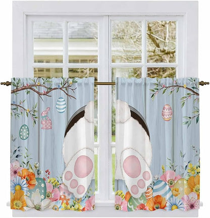 Easter Kitchen Curtains 54 Inch Long 2 Panel Set,Rod Pocket Window Curtains Panels,Spring Watercolor Bunny Eggs Flower Wood Grain Blue Light Filtering Privacy Draperies for Bedroom Laundry 42"W x 54"L
