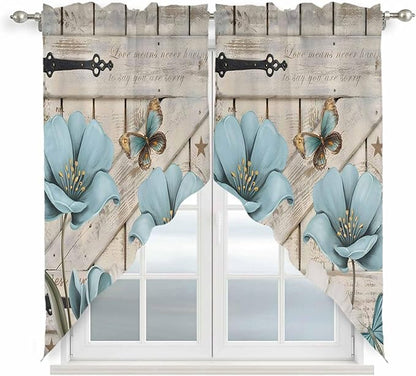 Teal Blue Tulips Swag Valances for Windows, Spring Floral Barn Doors Vintage Wood Beige Rod Pocket Kitchen Curtains Valance, Kitchen Window Curtains Swag for Cafe Living Room, 2 Panels, 36x45 inch