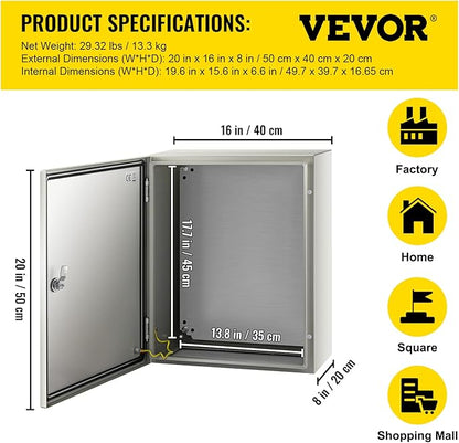 VEVOR NEMA Steel Enclosure, 20 x 16 x 8'' NEMA 4X Steel Electrical Box, IP66 Waterproof & Dustproof, Outdoor/Indoor Electrical Junction Box, with Mounting Plate