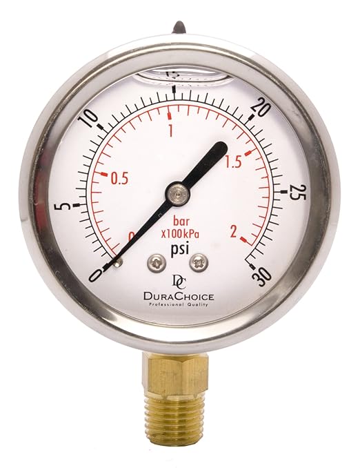 2-1/2" Oil Filled Pressure Gauge - Stainless Steel Case, Brass, 1/4" NPT, Lower Mount Connection, 0-30PSI