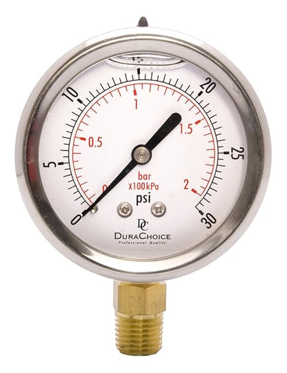 2-1/2" Oil Filled Pressure Gauge - Stainless Steel Case, Brass, 1/4" NPT, Lower Mount Connection, 0-30PSI