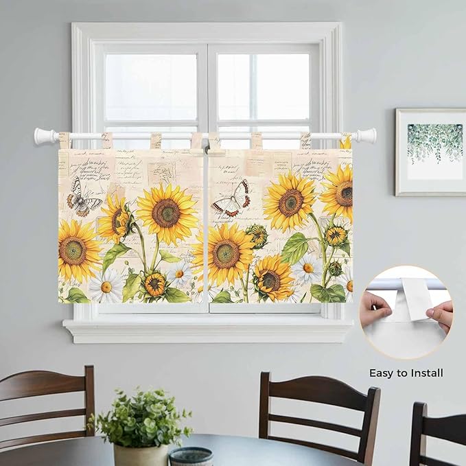 Yellow Sunflowers Kitchen Curtains 24 Inch Length, Small Window Curtains Tab Top, Country Farm Butterfly Flower Light Beige Light Filtering Short Window Treatments Tier Drapes 27.5"x24" 2 Panel