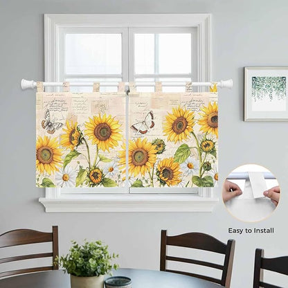 Yellow Sunflowers Kitchen Curtains 24 Inch Length, Small Window Curtains Tab Top, Country Farm Butterfly Flower Light Beige Light Filtering Short Window Treatments Tier Drapes 27.5"x24" 2 Panel