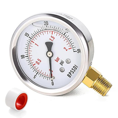 0-30 Psi Glycerin Liquid Filled Low Pressure Gauge, 2.5" Dial Size, 1/4" NPT Lower Mount, 304 Stainless Steel Case, for Water Pipe, HVAC, Water Oil Air Pressure Test
