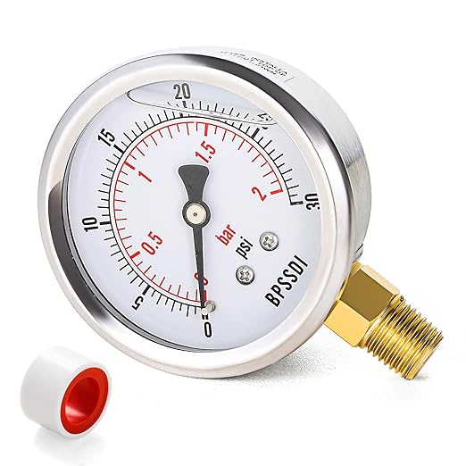 0-30 Psi Glycerin Liquid Filled Low Pressure Gauge, 2.5" Dial Size, 1/4" NPT Lower Mount, 304 Stainless Steel Case, for Water Pipe, HVAC, Water Oil Air Pressure Test