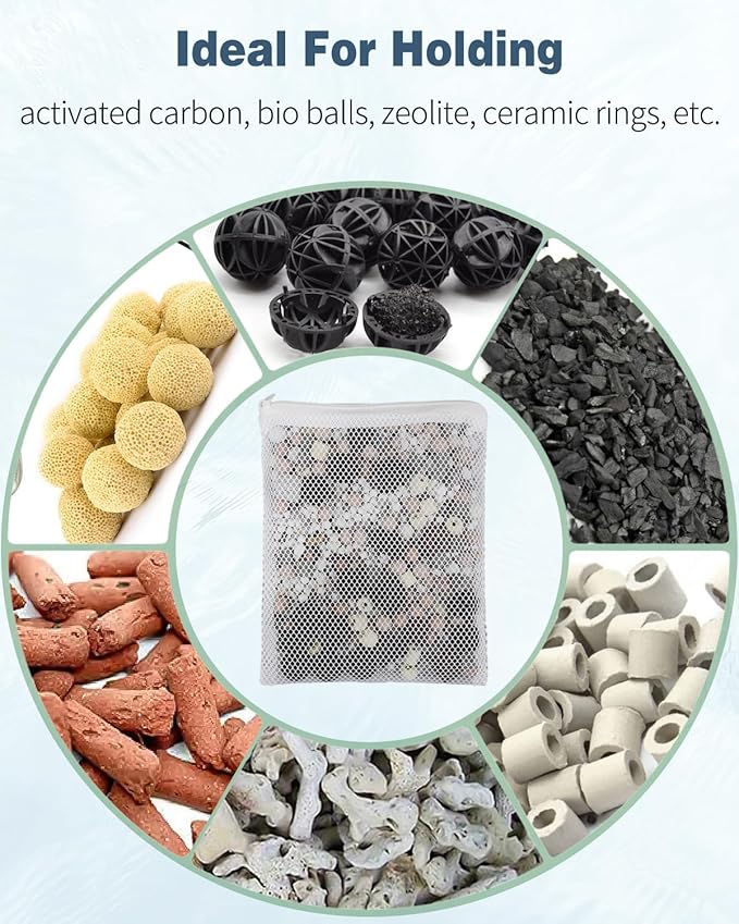 Pawfly 8 Pack Aquarium Filter Media Bags, Fish Tank Fine Mesh Bag with Plastic Zipper Aquarium Reusable Mesh Bag for Activated Carbon Bio Filter Balls Filter Stones Ceramic Rings, White, 7.9" x 5.9"