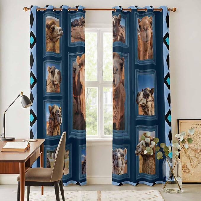 2 Panel Kitchen Cafe Curtains, Desert Camels Sunlight Filtering Nature Air Through, Home Decor Window Covering Tier Curtains for Living Room 104W x 90L inch Wildlife Brown Animals Blue Geometric