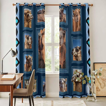 2 Panel Kitchen Cafe Curtains, Desert Camels Sunlight Filtering Nature Air Through, Home Decor Window Covering Tier Curtains for Living Room 104W x 96L inch Wildlife Brown Animals Blue Geometric