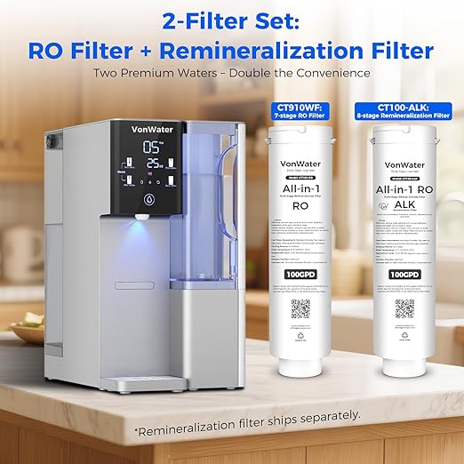 CT910G Alkaline Mineral Countertop Reverse Osmosis Water Filter - 2 Filters (1 RO + 1 Remineralization pH+ RO) for 4-Year Lifespan, 8-Stage Filtration, NSF 372,42,58, Reduce TDS PFAS, Bundle