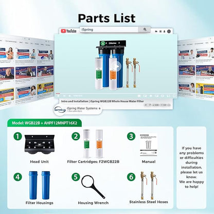 iSpring WGB22B+AHPF12MNPT16X2 2-Stage Whole House Water Filter System, Reduces Chlorine, Sediment Water Filtration System for Home w/ 3/4'' Braided Stainless Steel Hose Connectors and Ball Valve