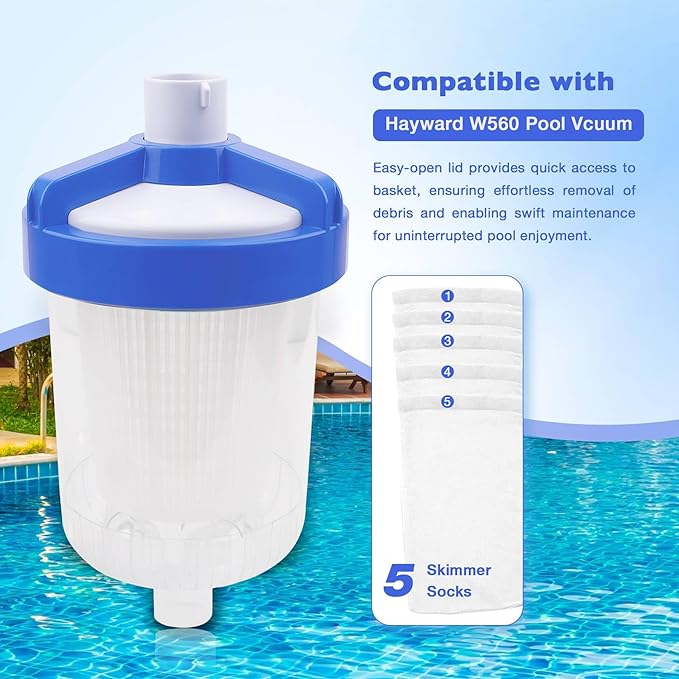 ATRACYPART Inline Leaf Catcher Canister for Pool Vacuum Compatible with Hayward W560 PoolVac Navigator Standard, Durable Leaf Trap Filter with White Basket, 5 Pcs Skimmer Socks