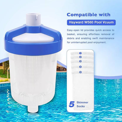 ATRACYPART Inline Leaf Catcher Canister for Pool Vacuum Compatible with Hayward W560 PoolVac Navigator Standard, Durable Leaf Trap Filter with White Basket, 5 Pcs Skimmer Socks