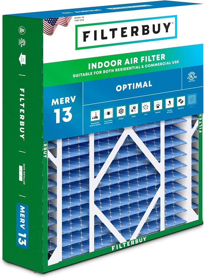 Filterbuy 21x24.5x5 Air Filter MERV 13 Optimal Smoke & Allergy Defense (1-Pack), Electrostatic Pleated HVAC AC Furnace Filters for Rheem, Ruud, and Protech (Actual Size: 20.63 x 24.13 x 4.38)